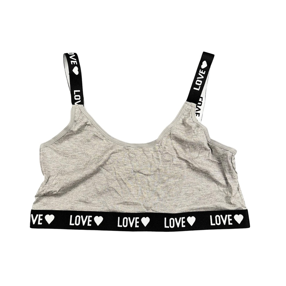 Gray Ribbed LOVE Strap Bralette Crop Top Stretch Lounge Womens L 311